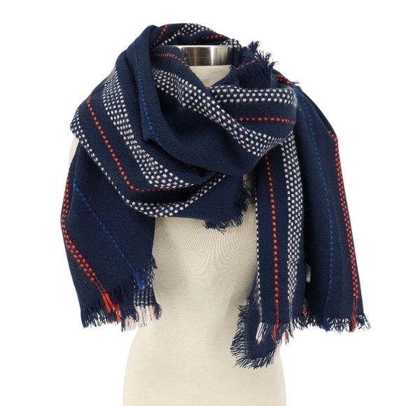 Old Navy Accessories - Old Navy Oversized Wrap Scarf Rectangle Blue Stripe Cozy Knit Fringe Hem OS